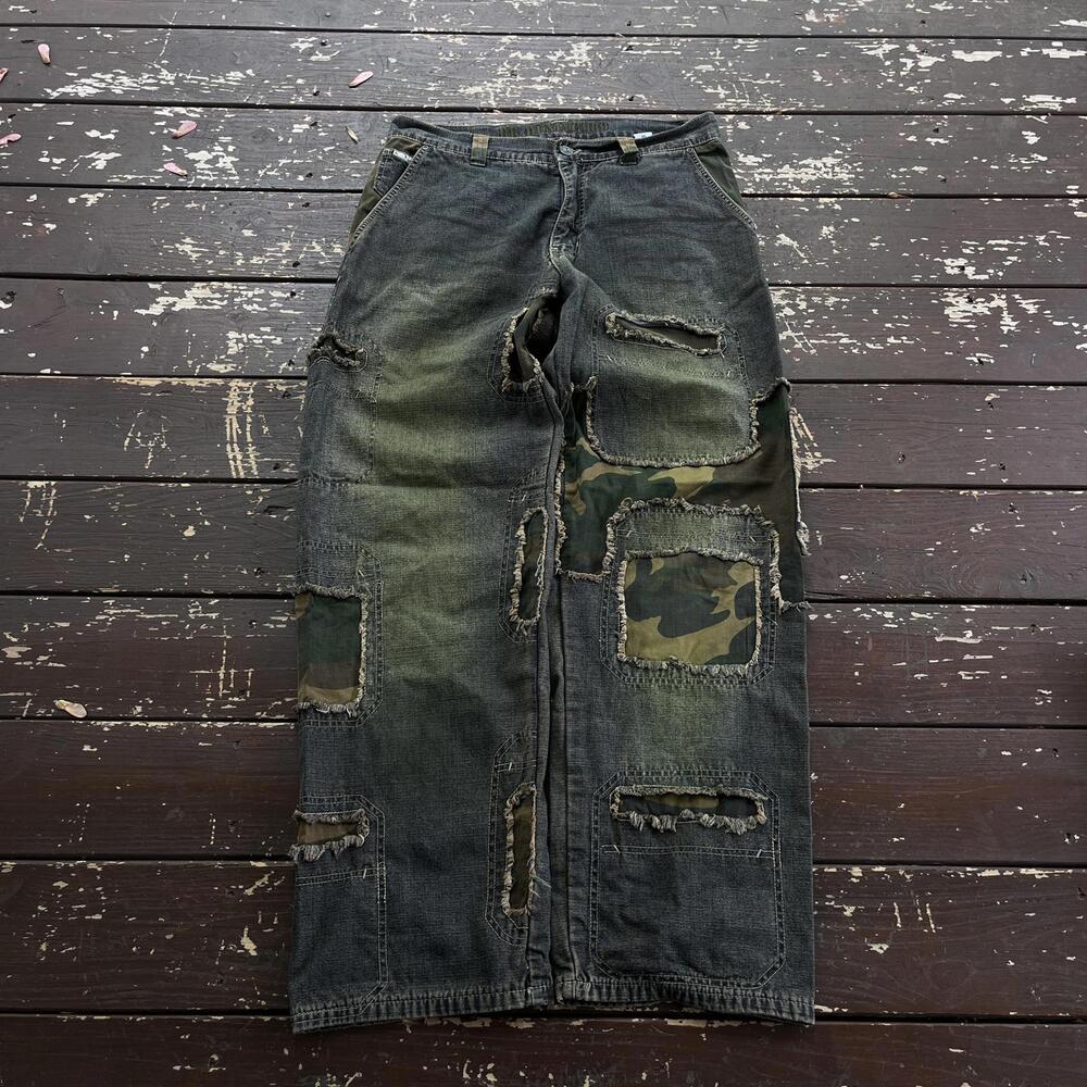 (34x32) Vintage 90s Y2K South Pole Style Camouflage Camo Patchwork Baggy Jeans - Picture 1 of 7